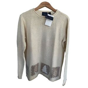 Crazy Horse Women's PL Cream Winter Tree Holiday Brights Wool Blend Sweater NWT